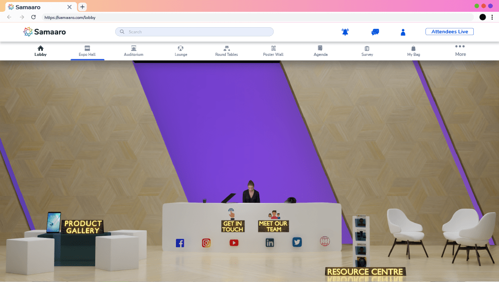 A virtual event lobby with info desks, screens, and navigation tabs on a webpage interface.