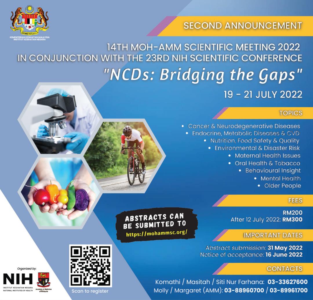 Banner for the 14th MOH-AMM Scientific Meeting focusing on NCDs with dates, venue, and topics listed.