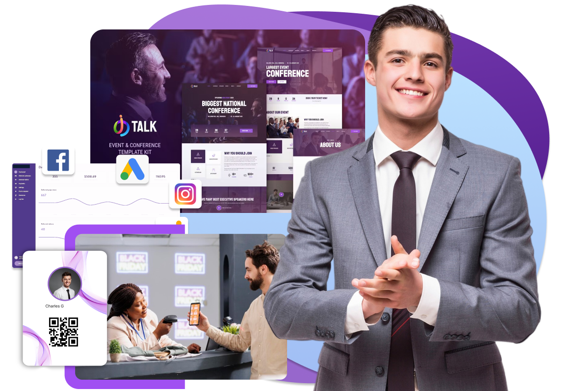 Businessman with crossed hands with web design and social media graphics in the background