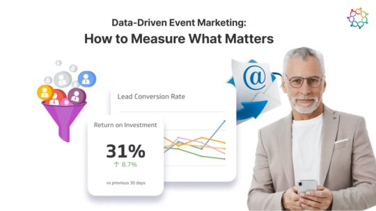 Presentation slide on "Data-Driven Event Marketing" with graphs and marketing icons.