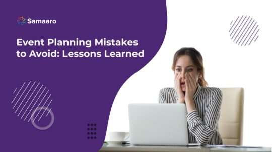 A person in striped attire sitting at a desk with a laptop, next to text about event planning mistakes.