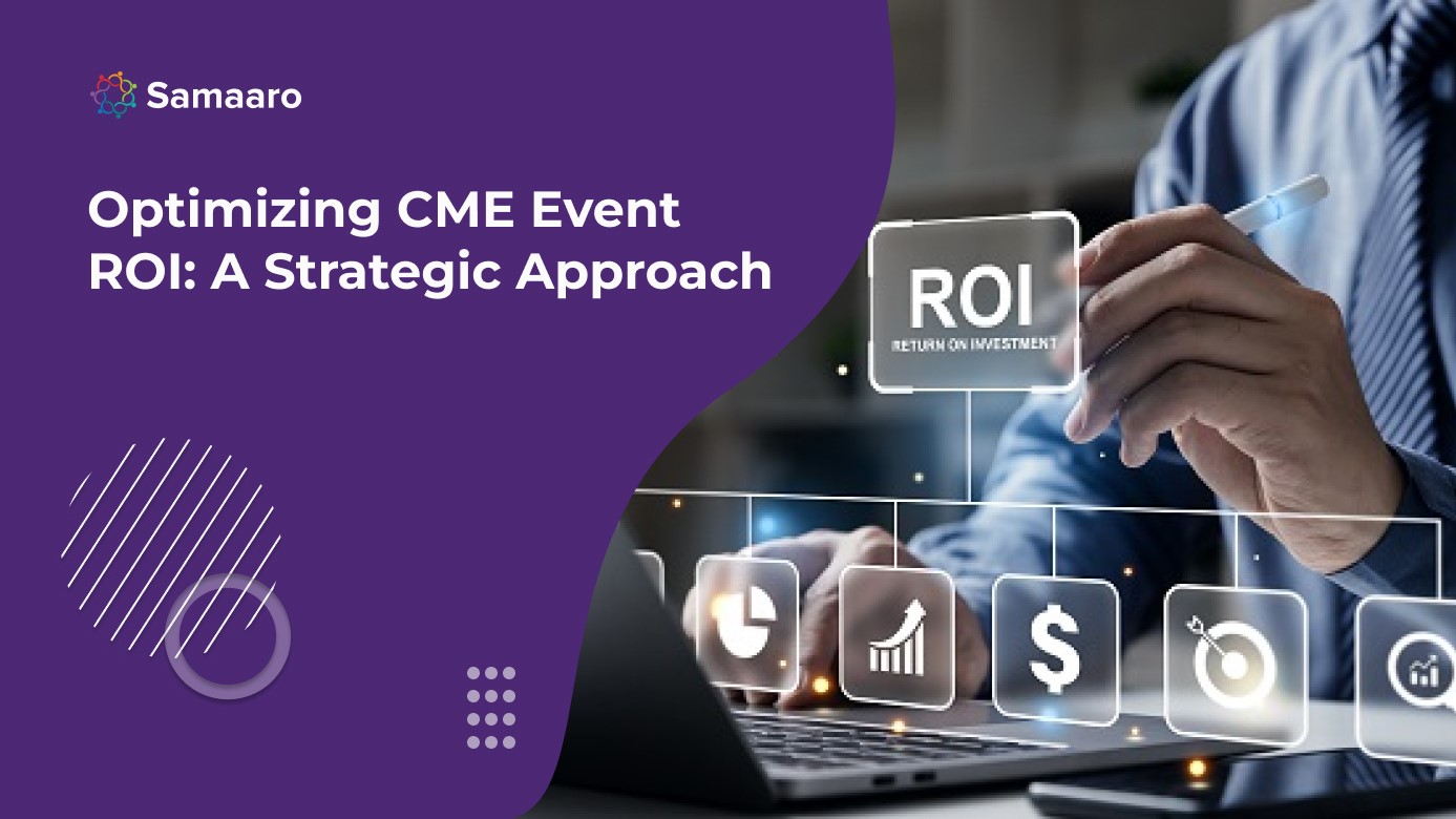 Man using a laptop with icons and text "Optimizing CME Event ROI: A Strategic Approach".