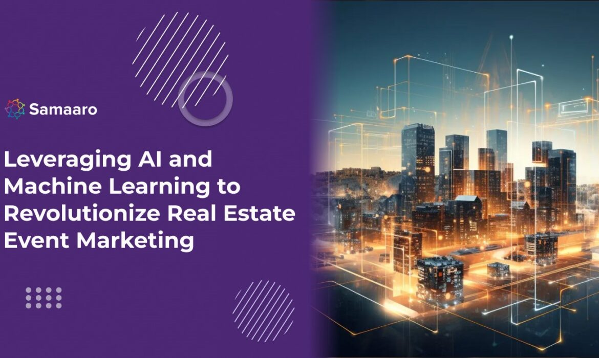 Digital banner about AI in real estate marketing with a cityscape and futuristic overlay graphics.