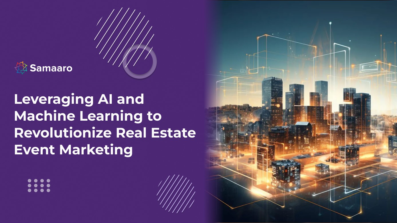 Digital banner about AI in real estate marketing with a cityscape and futuristic overlay graphics.