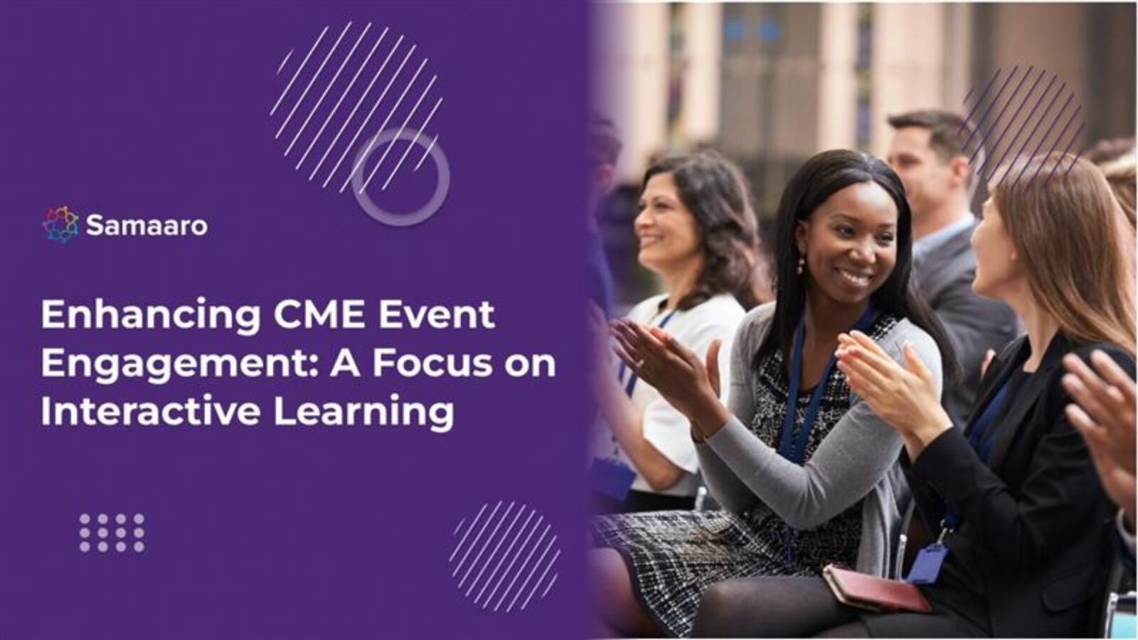 Audience clapping at an event with a focus on interactive learning, titled "Enhancing CME Event Engagement."