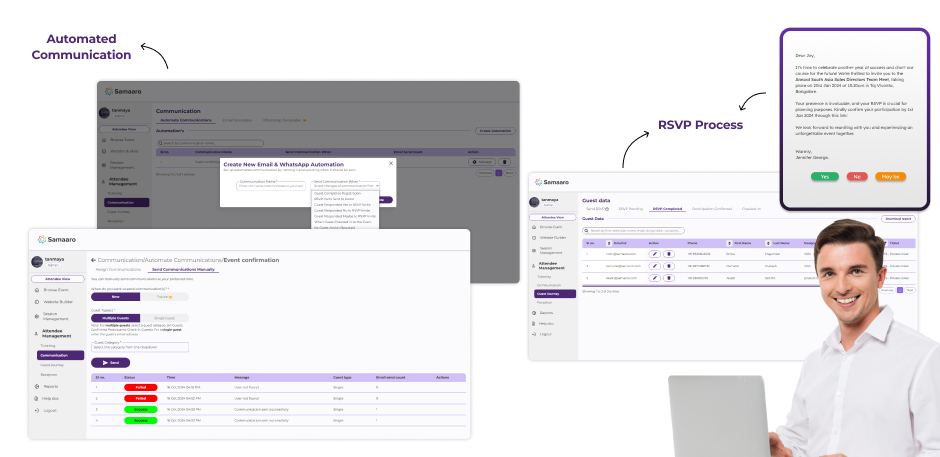 Graphic of software interfaces for automated communication and RSVP process, with person holding a laptop.