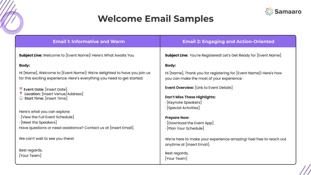 Screenshot of email samples for welcoming participants to an event, highlighting key details and actions.