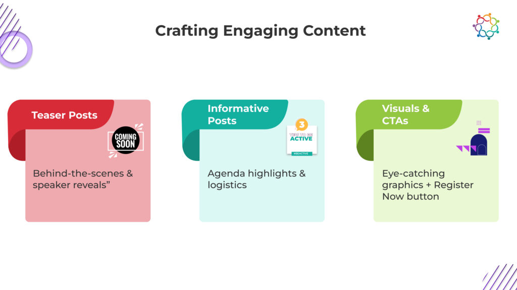 Three categories for crafting engaging content: Teaser Posts, Informative Posts, and Visuals with CTAs, each with key focus areas.