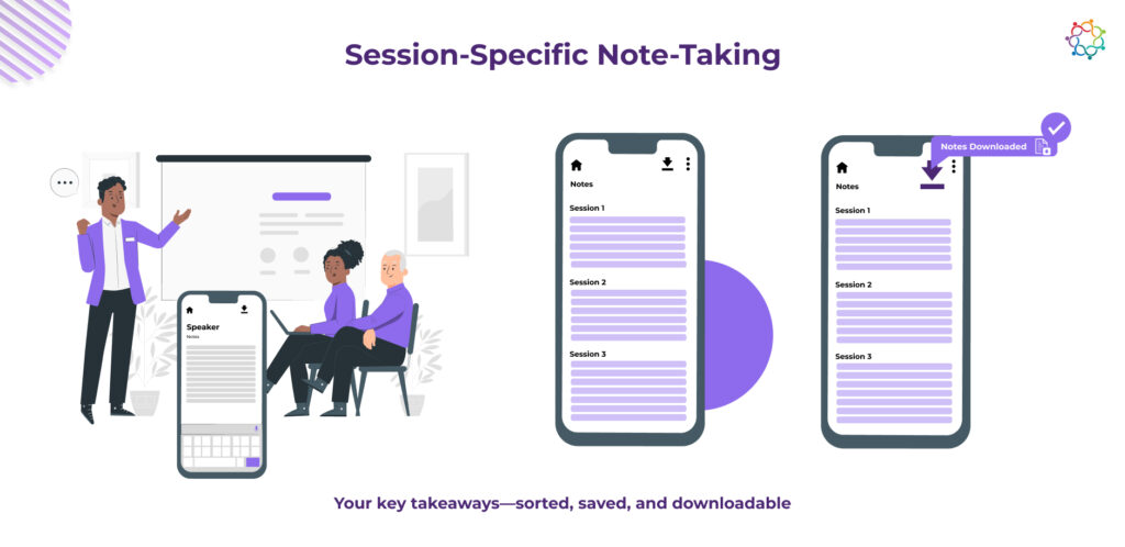An illustration of a speaker presenting notes while an audience member takes notes on a mobile device, highlighting session-specific note-taking.