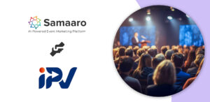The image showcases the logos of Samaaro and IPV alongside a blurred audience at an event, emphasizing AI-powered event marketing.