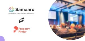 Logo of Samaaro, an AI event marketing platform, alongside Property Finder, with a blurred image of an audience at a conference.