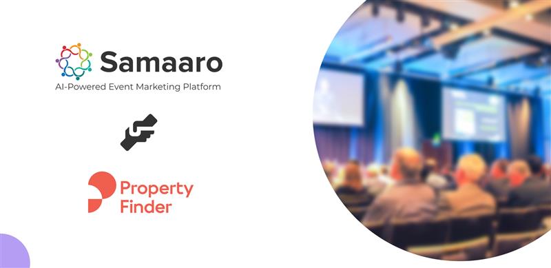 Logo of Samaaro, an AI event marketing platform, alongside Property Finder, with a blurred image of an audience at a conference.