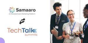 A group of professionals at an event, wearing name tags and holding drinks, with logos of Samaaro and TechTalk summits featured.