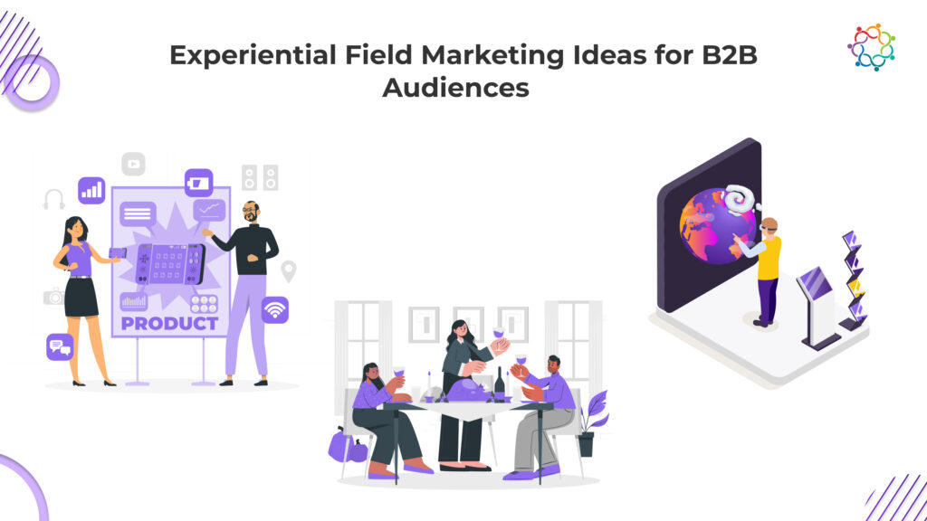 Three illustrations depicting experiential field marketing ideas for B2B audiences, showcasing product demos, meetings, and interactive displays.